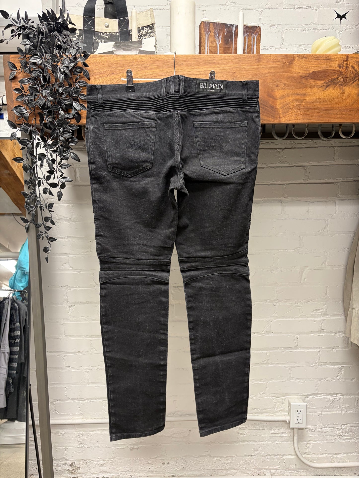 Balmain Waxed Black Biker Knee Skinny Jeans