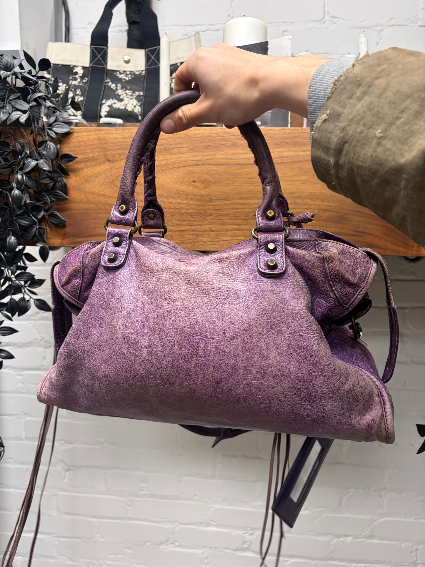 Balenciaga Purple Lambskin Leather ‘City’ Bag with Crossbody Strap