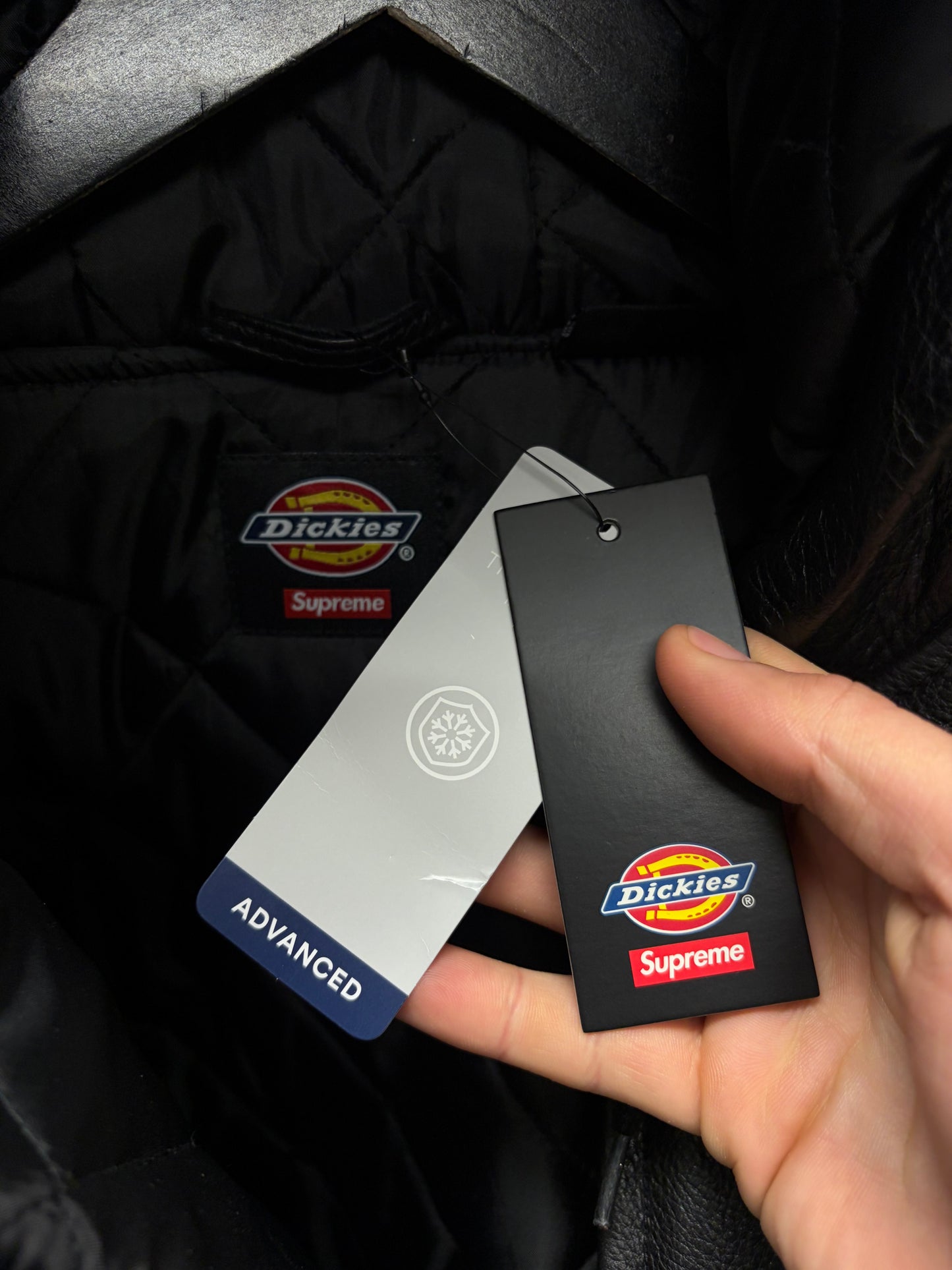 AW2024 Supreme x Dickies Black Leather Hooded Work Bomber Jacket