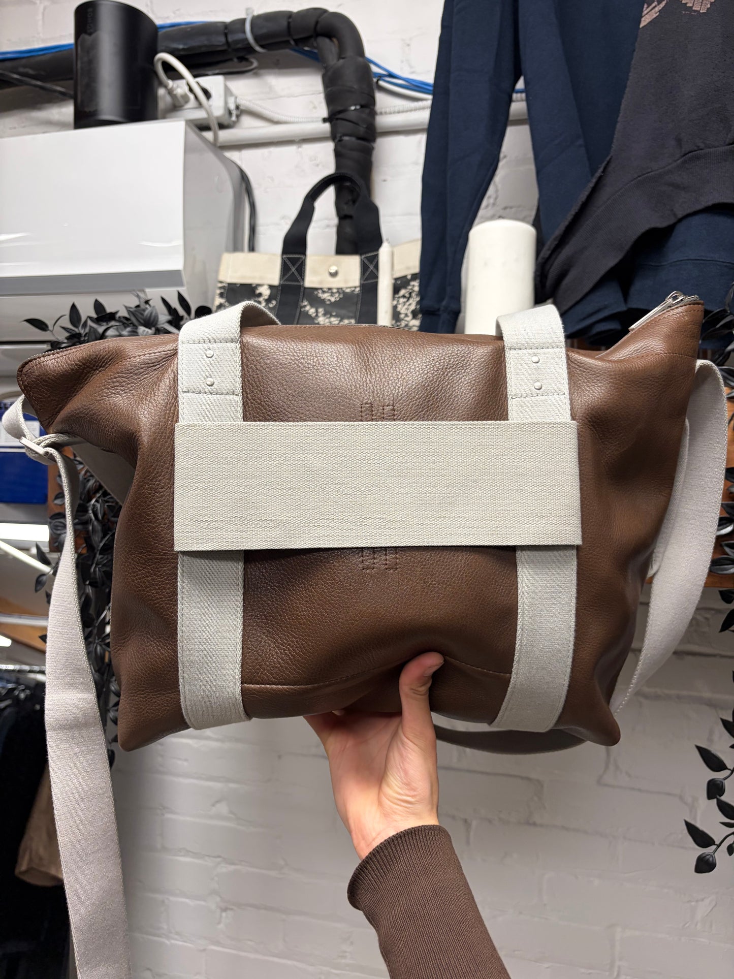 AW2024 Rick Owens ‘Porterville’ Mahogany/Oyster Leather ‘Trolley’ Work Bag