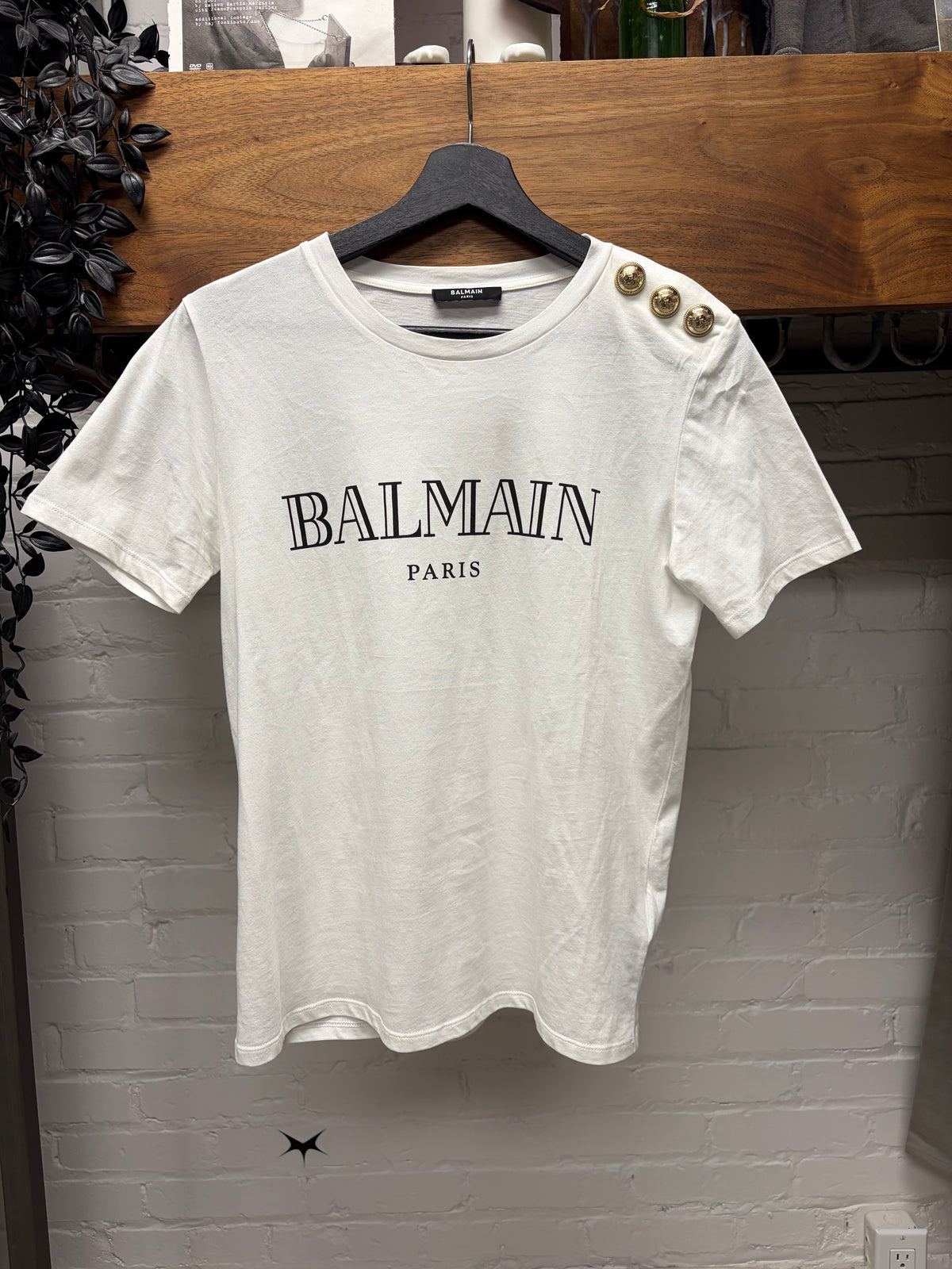 Balmain Shoulder Epaulette White Short Sleeve Logo T-Shirt