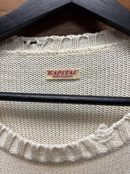 Kapital ‘Smiley’ 5G Distressed Cream White Knit Sweater