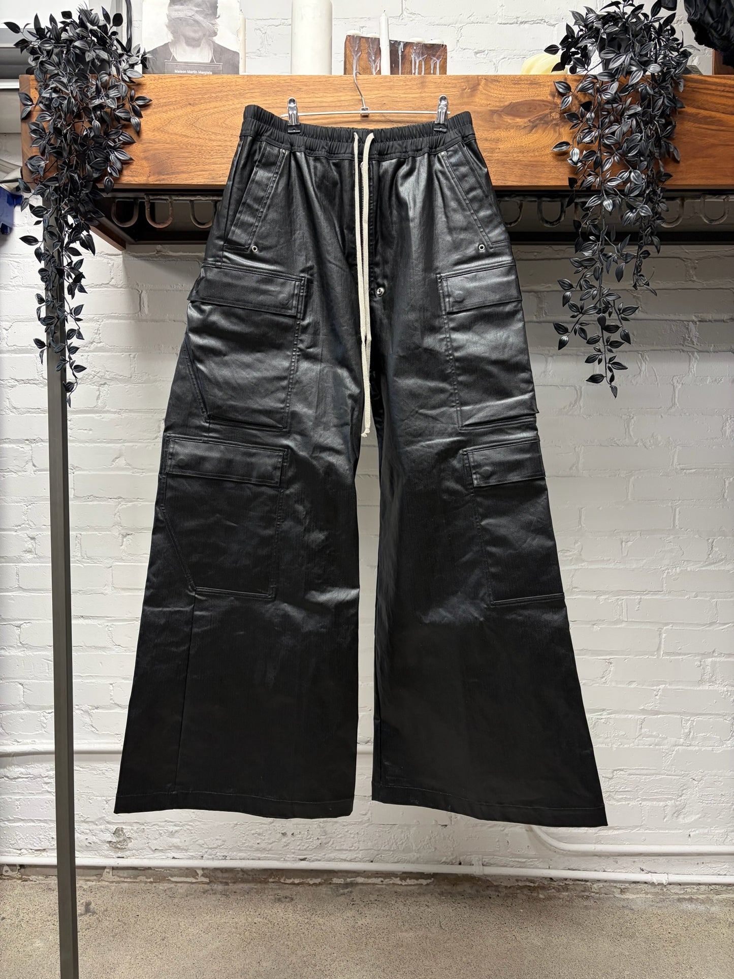 AW2024 Rick Owens ‘Porterville’ Black Waxed ‘Cargobela’ Wide Leg Drawstring Pants