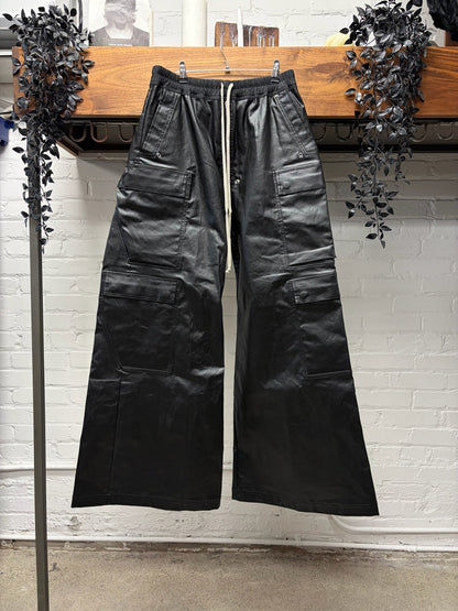AW2024 Rick Owens ‘Porterville’ Black Waxed ‘Cargobela’ Wide Leg Drawstring Pants