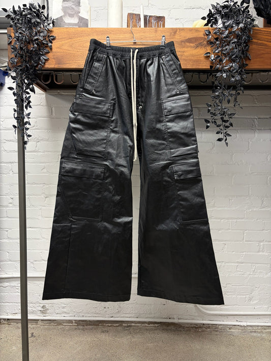AW2024 Rick Owens ‘Porterville’ Black Waxed ‘Cargobela’ Wide Leg Drawstring Pants