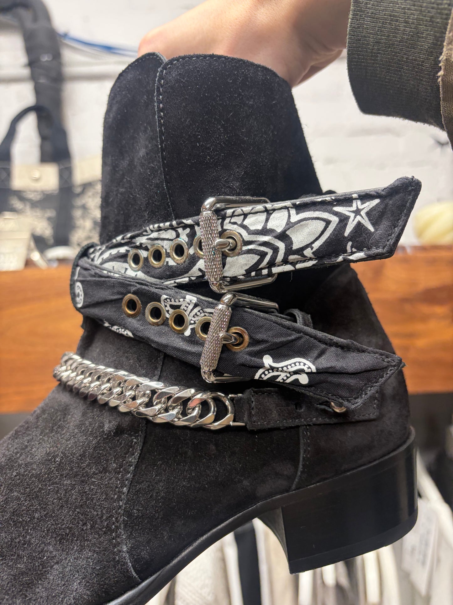 Amiri Bandanna ‘Chain Link’ Black Suede Western Boots