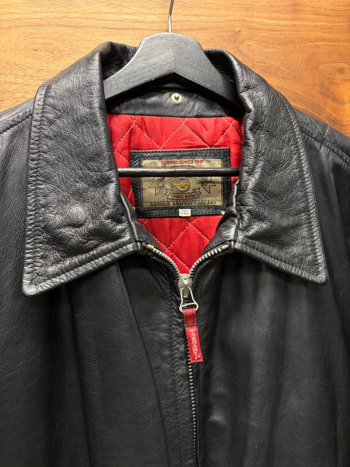 Vintage 80s Giorgio Armani Black Leather Bomber Jacket with Quilted Liner