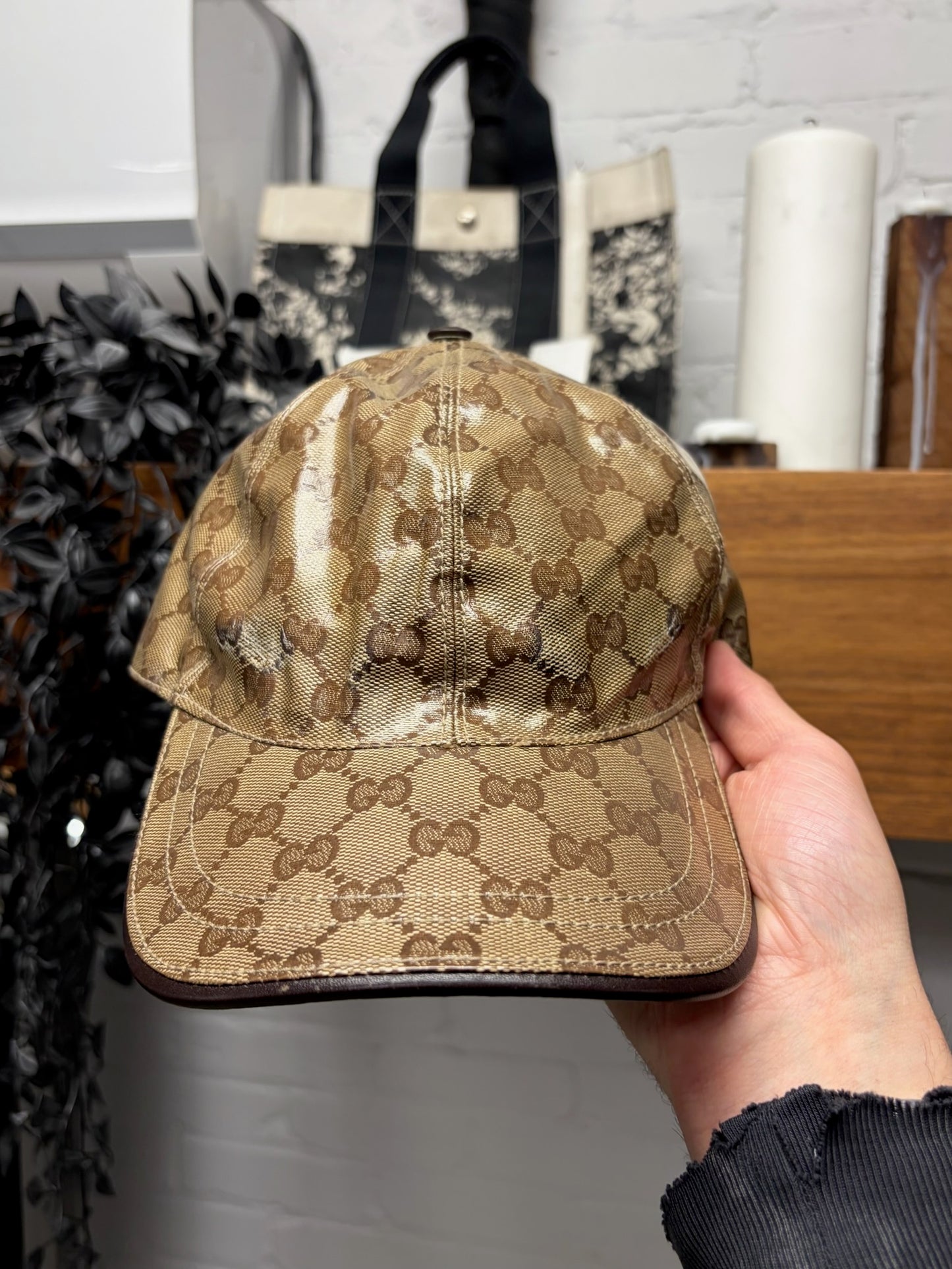 Gucci Coated Brown Canvas Leather Strap-Back Baseball Cap
