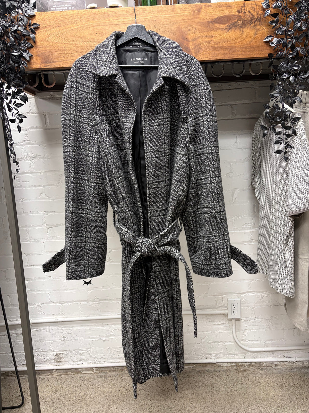 AW2025 Balenciaga Distressed ‘Raglan One Layer’ Plaid Belted Wool Full Length Trench Coat