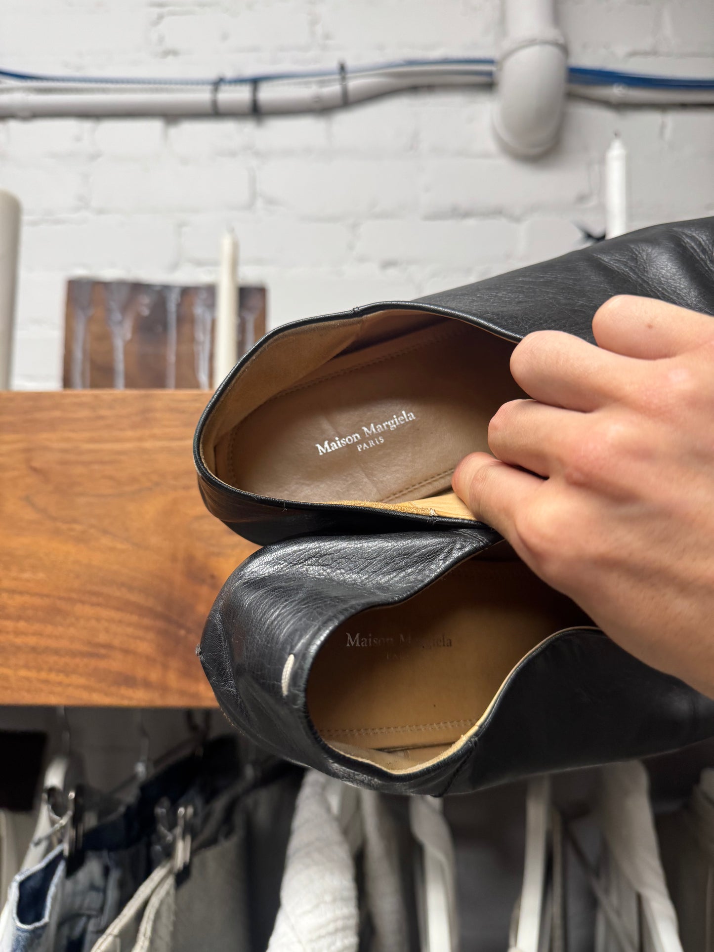 Maison Margiela ‘Tabi’ Split Toe Black Leather Slip On Flats