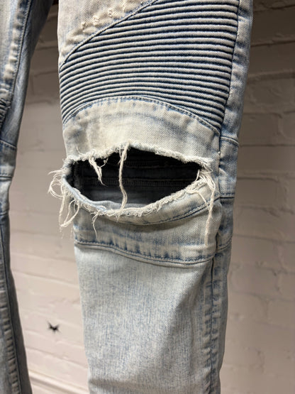 Balmain Light Wash Blue ‘Distressed Knee’ Biker Denim