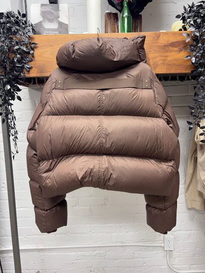 AW2023 Rick Owens ‘Luxor’ Scarf Wrap Brown Down Fill Cropped Puffer Jacket