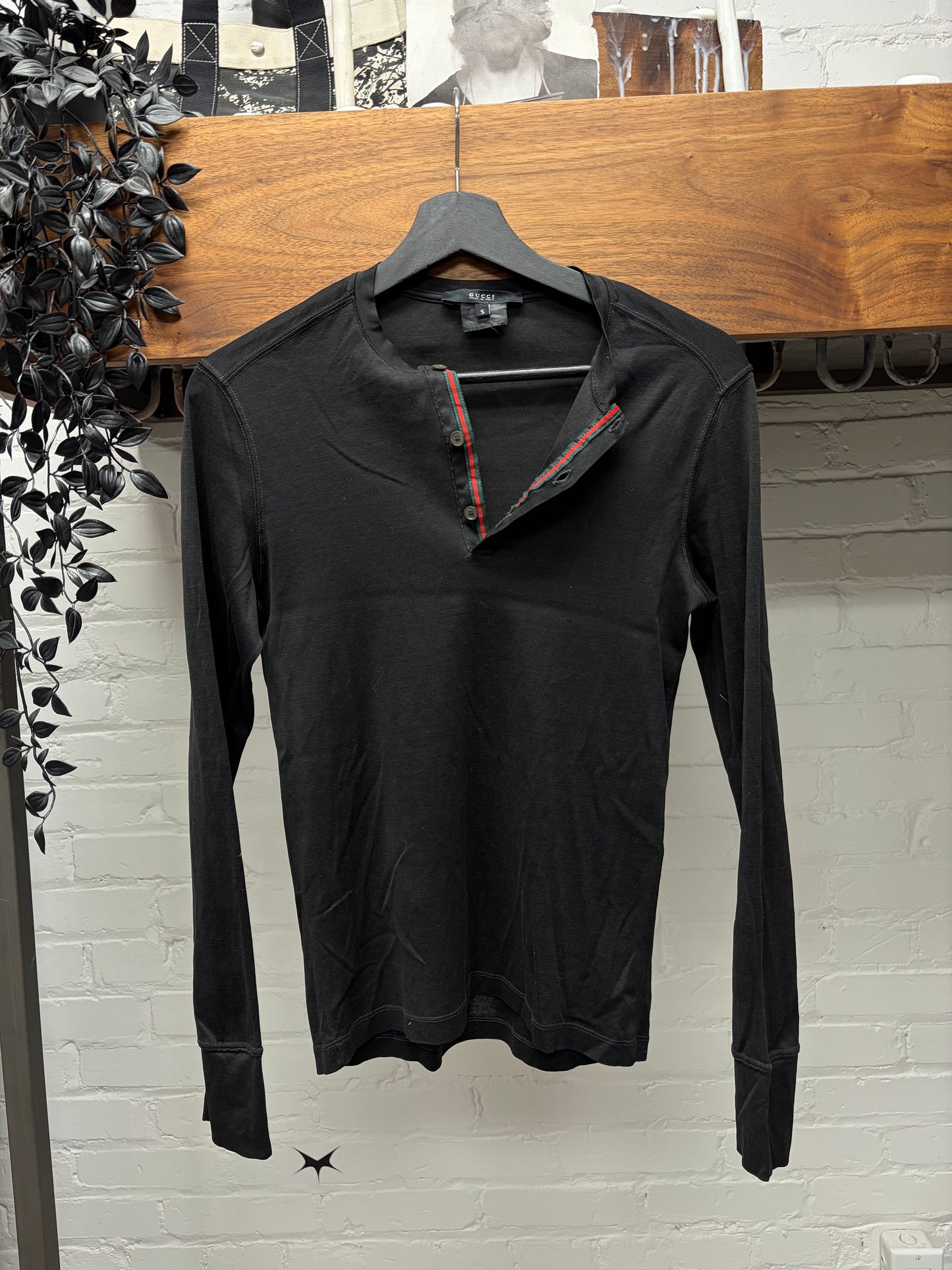 2000s Gucci Striped Collar ‘Henley’ Black Long Sleeve Shirt