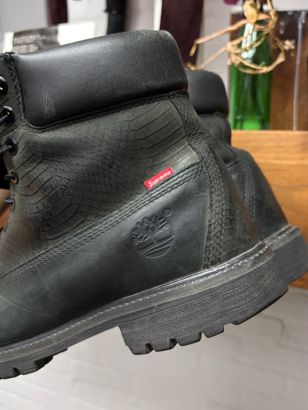 AW2013 Supreme x Timberland Snakeskin Embossed Black Leather 6 inch Premium Waterproof Boots