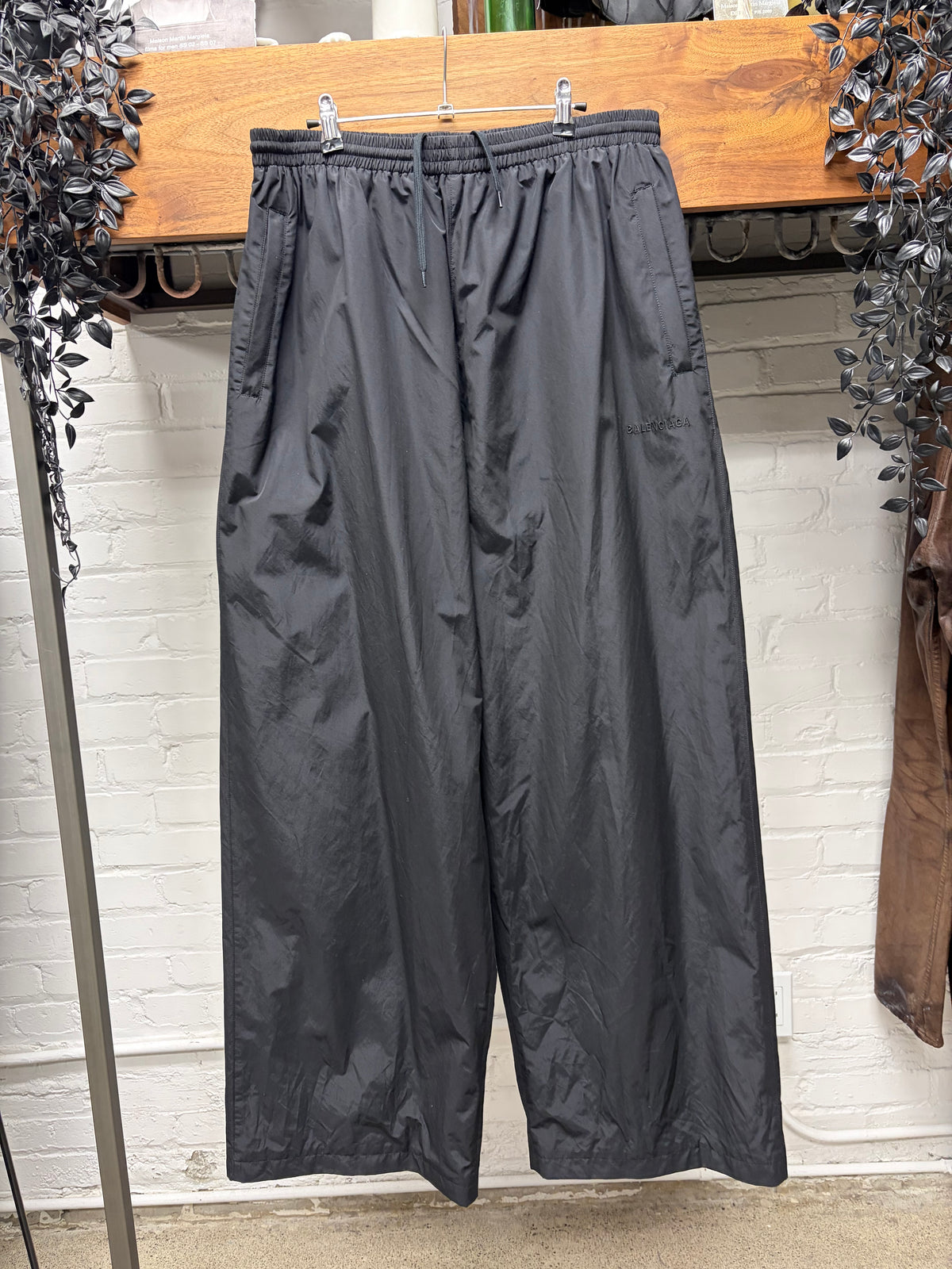 2024 Balenciaga ‘Minimal Logo’ Straight Leg Black Nylon Drawstring Track Pants