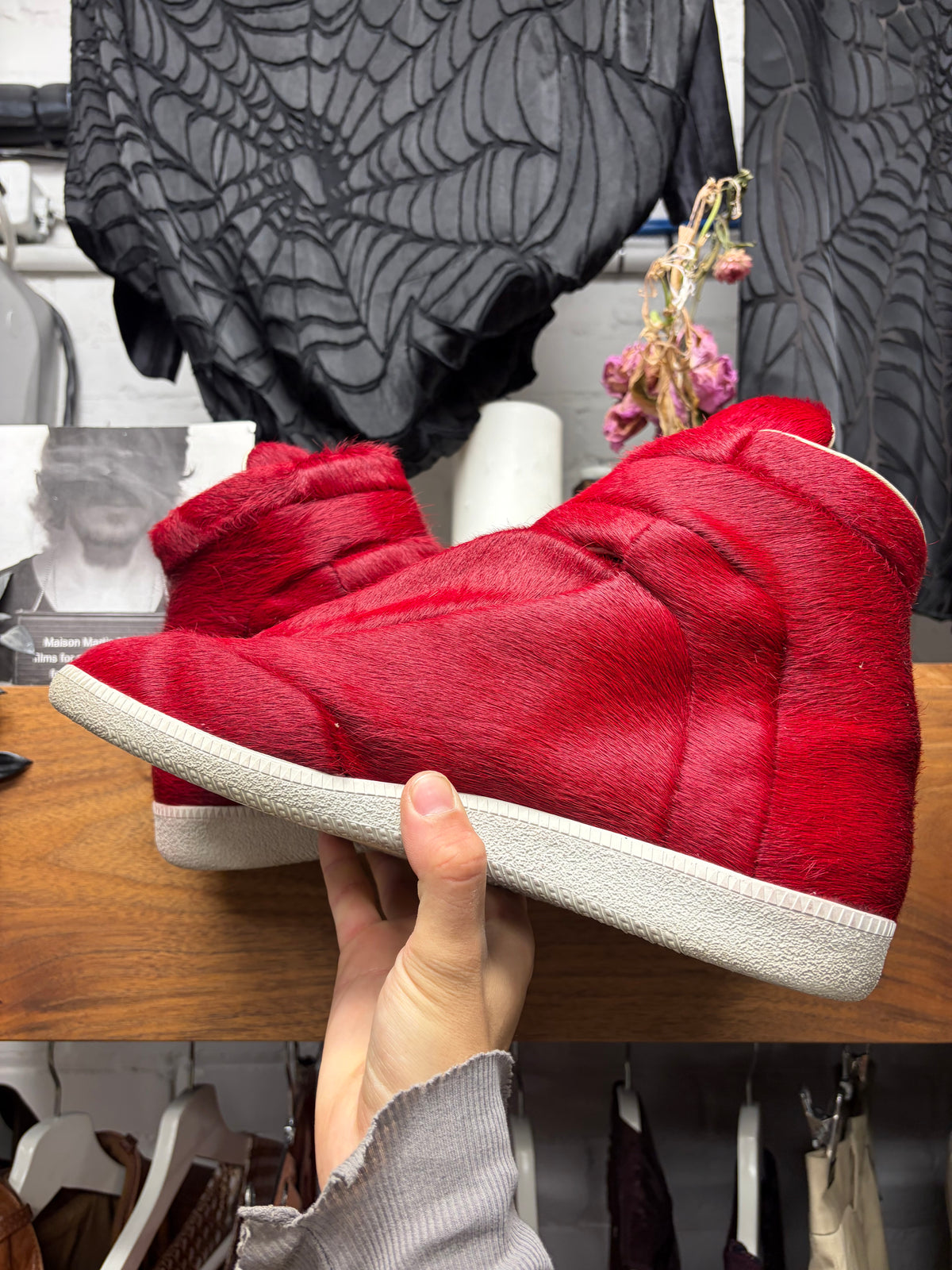 Maison Margiela Pony Hair ‘Future’ Red/White High Top Sneakers