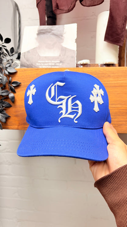 Chrome Hearts Blue/White Leather Cross Patch ‘CH Logo’ Trucker Hat
