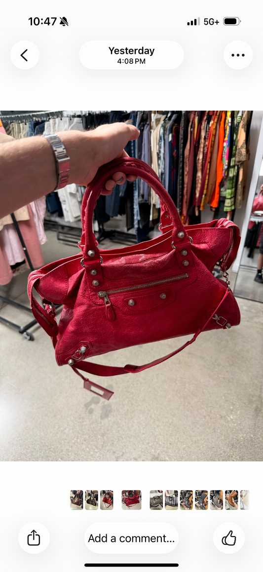 Balenciaga Crimson Red ‘City Bag’ Silver Hardware With Shoulder Strap