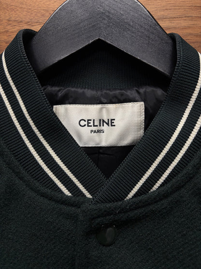 Celine Chain Stitched ‘Cursive Logo’ Forest Green Wool Varsity Jacket