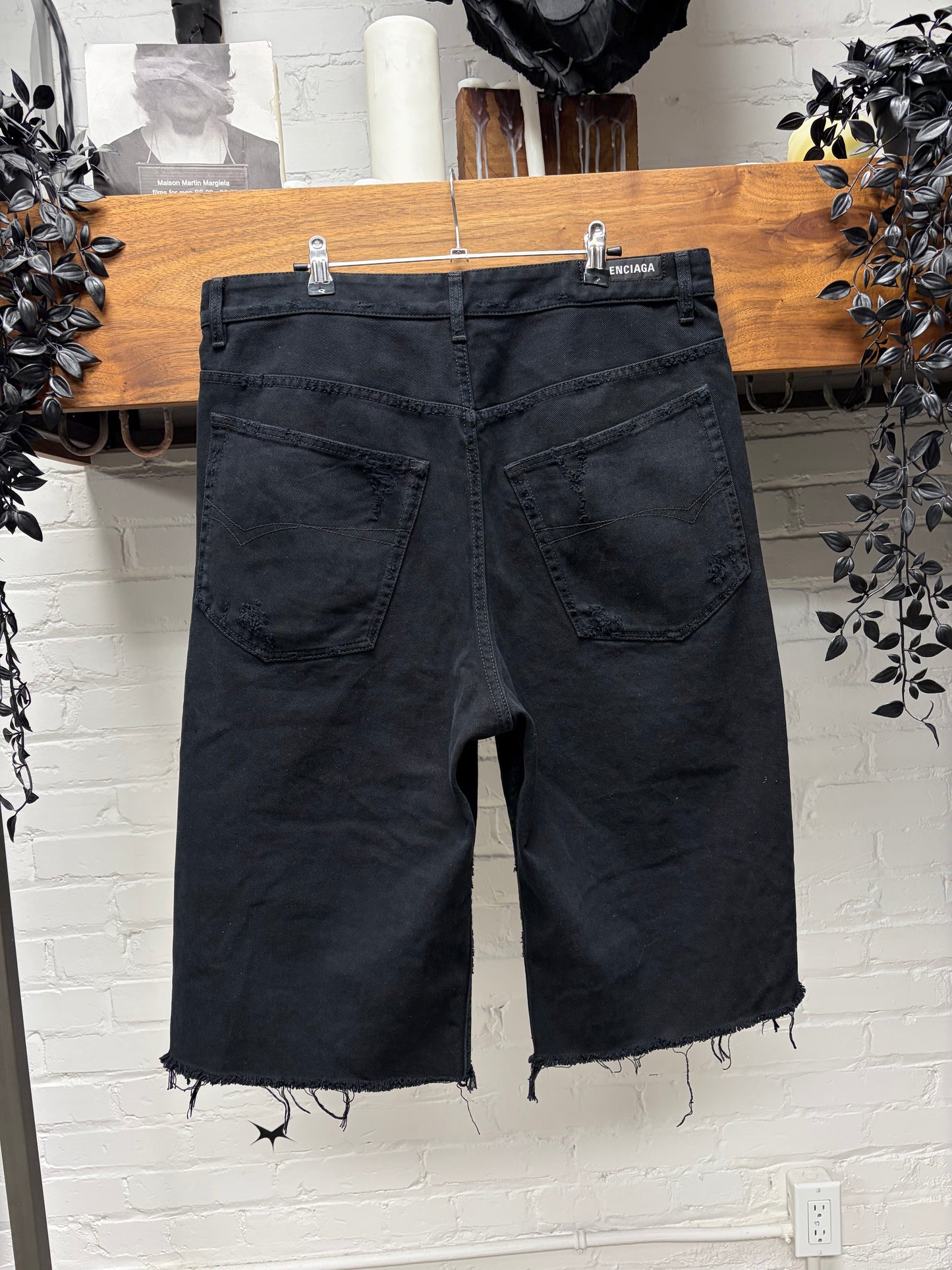 2022 Balenciaga Distressed ‘Dirty Black’ Over Knee Length Cutoff Denim Shorts