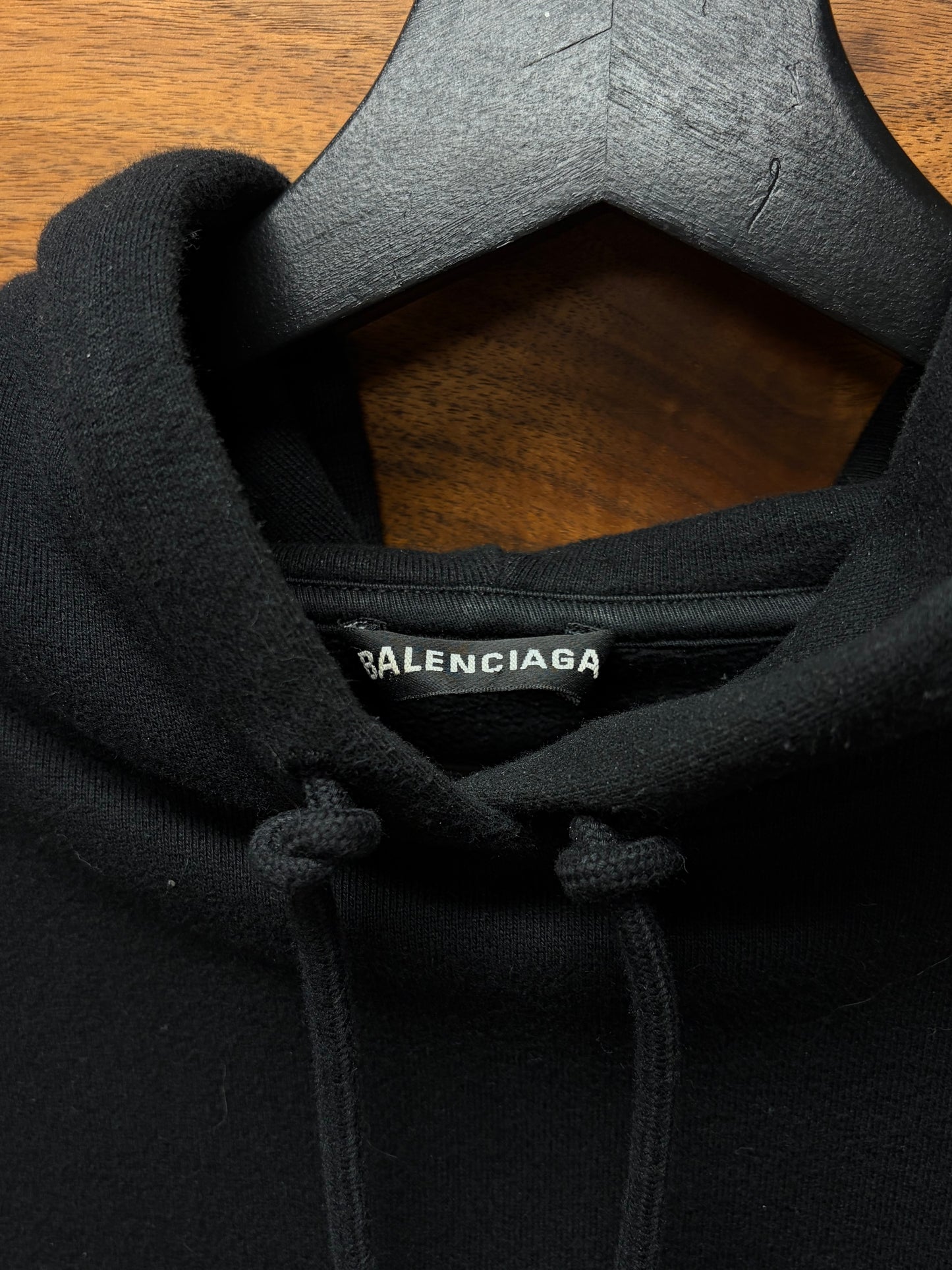 2019 Balenciaga ‘Paris’ Embroidered Logo Black Drawstring Hoodie