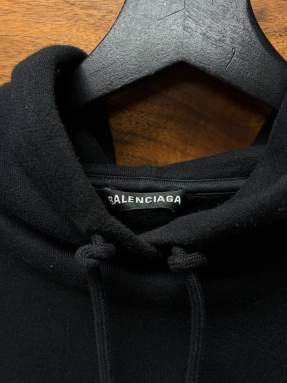 2019 Balenciaga ‘Paris’ Embroidered Logo Black Drawstring Hoodie
