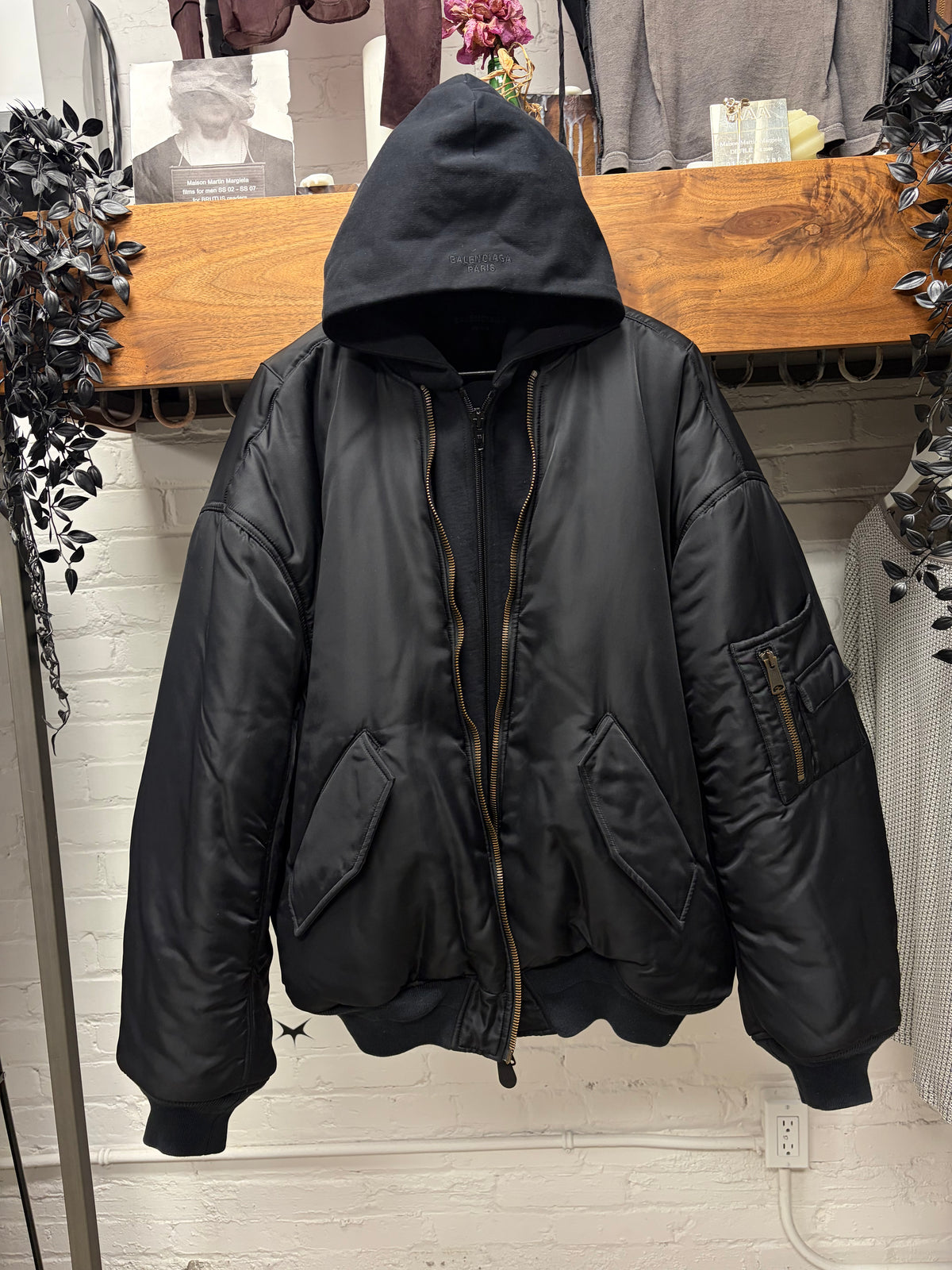 2023 Balenciaga Hoodie Double Layered Black Drop Shoulder Bomber Jacket