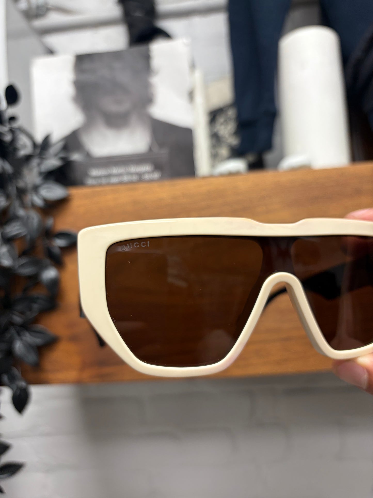 Gucci Ivory/Black Gold Tinted Squared Shape Sunglasses