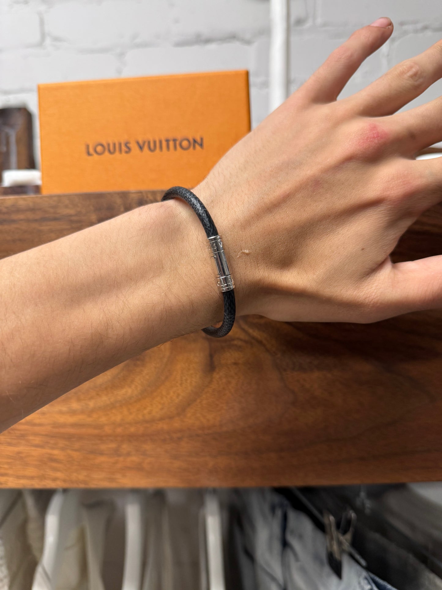Louis Vuitton ‘Keep It’ Silver/Graphite Leather  Bracelet