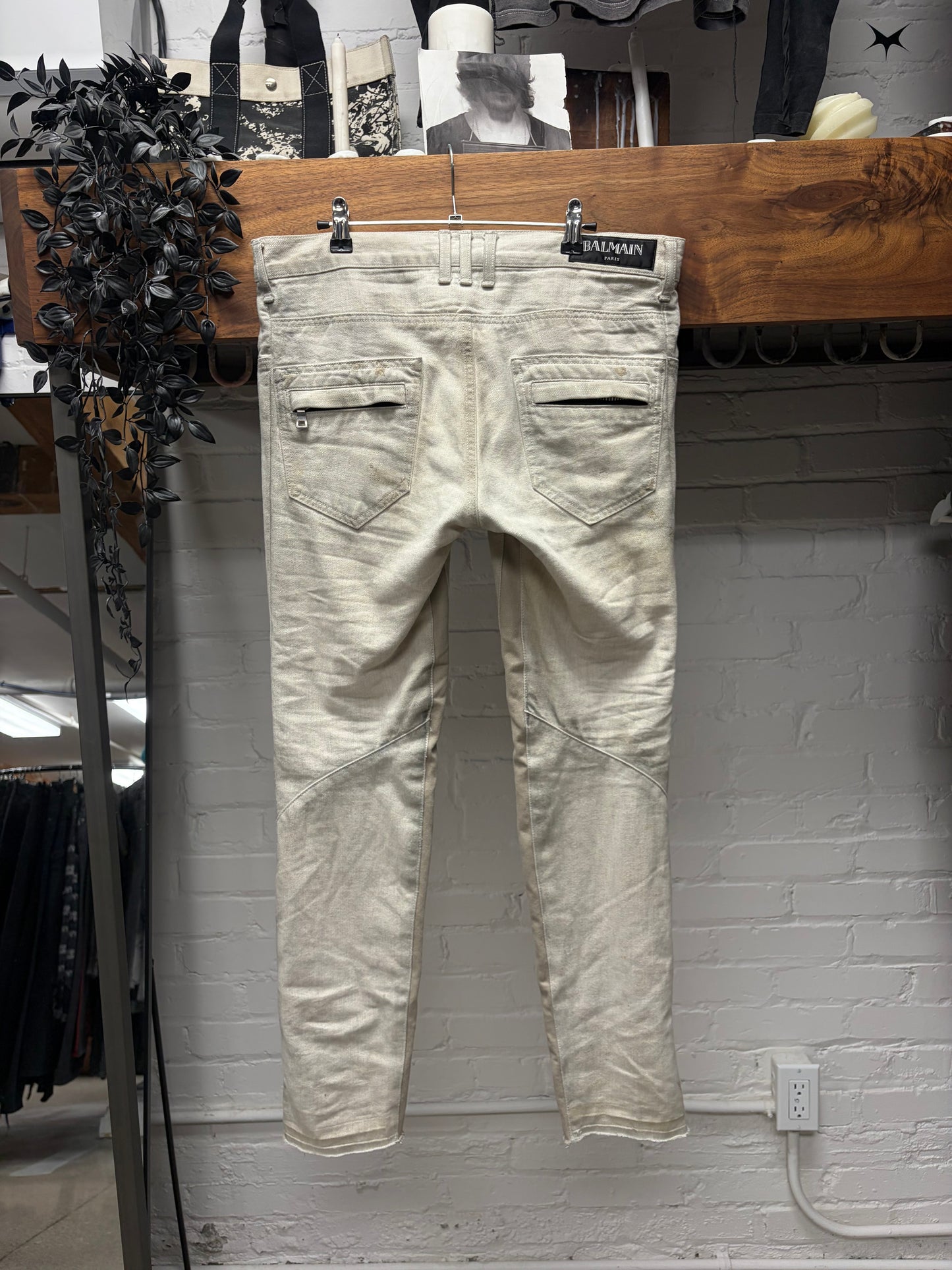 Balmain ‘Dirty White’ Biker Knee Skinny Jeans