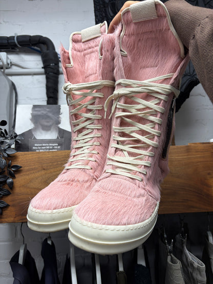 Rick Owens Pink Pony-Hair/Milk ‘Cargobasket’ High Top Sneakers