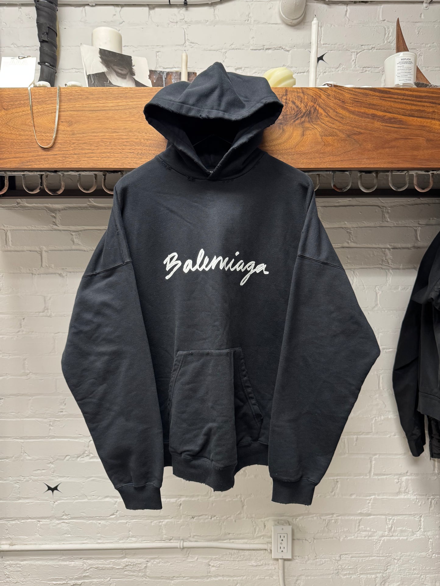 2022 Balenciaga Painted ‘Script Logo’ Distressed Black Cotton Hoodie