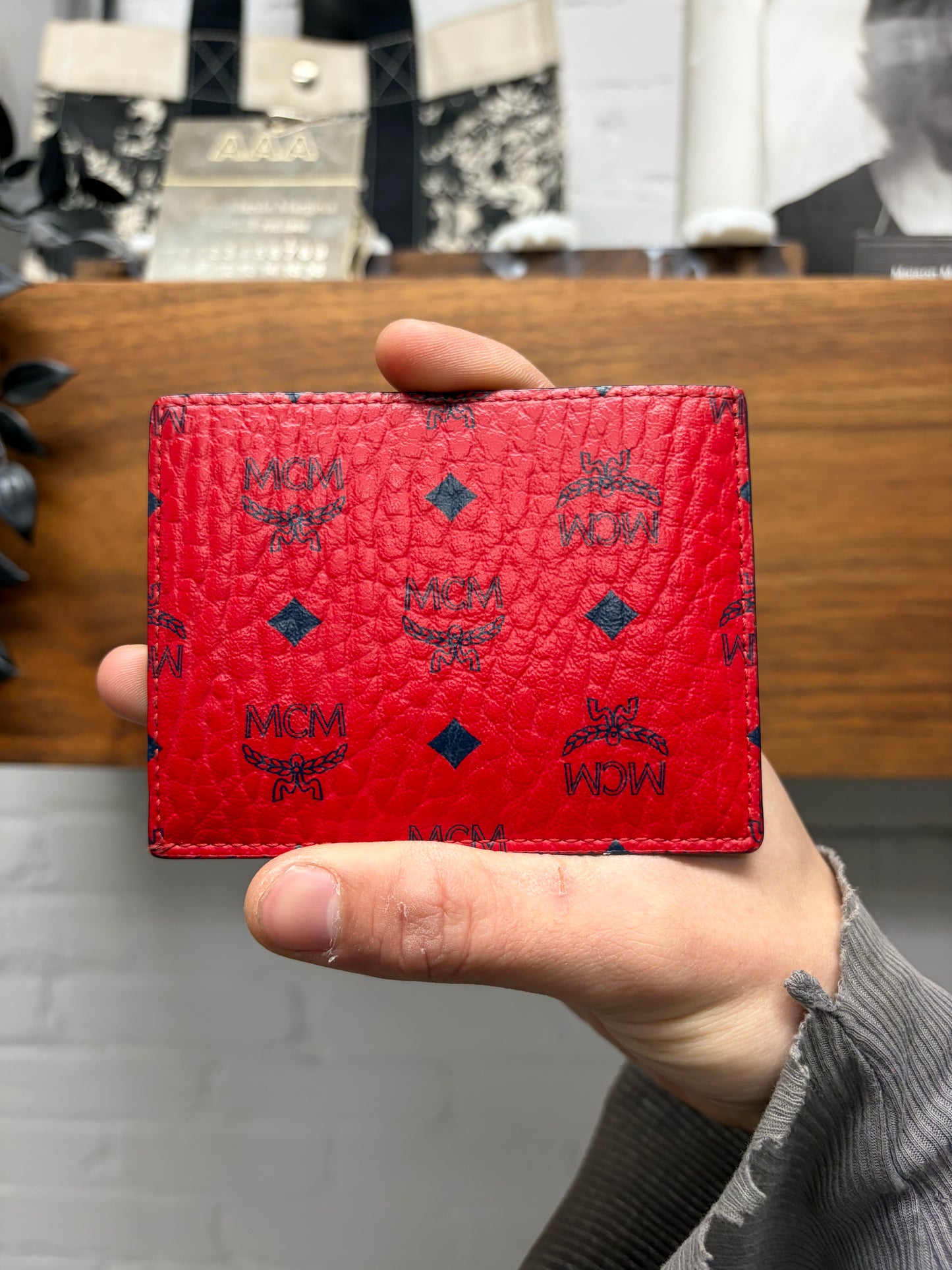 MCM Red Monogram Leather Cardholder Wallet