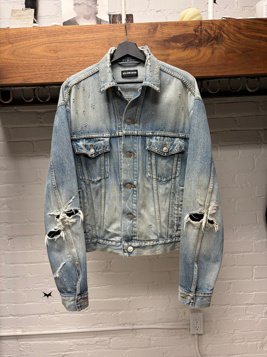 AW2020 Balenciaga ‘Thrash Distressed’ Repaired Blue Denim Trucker Jacket