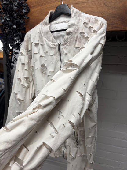 Alexander Digenova Distressed White Leather Bomber Jacket