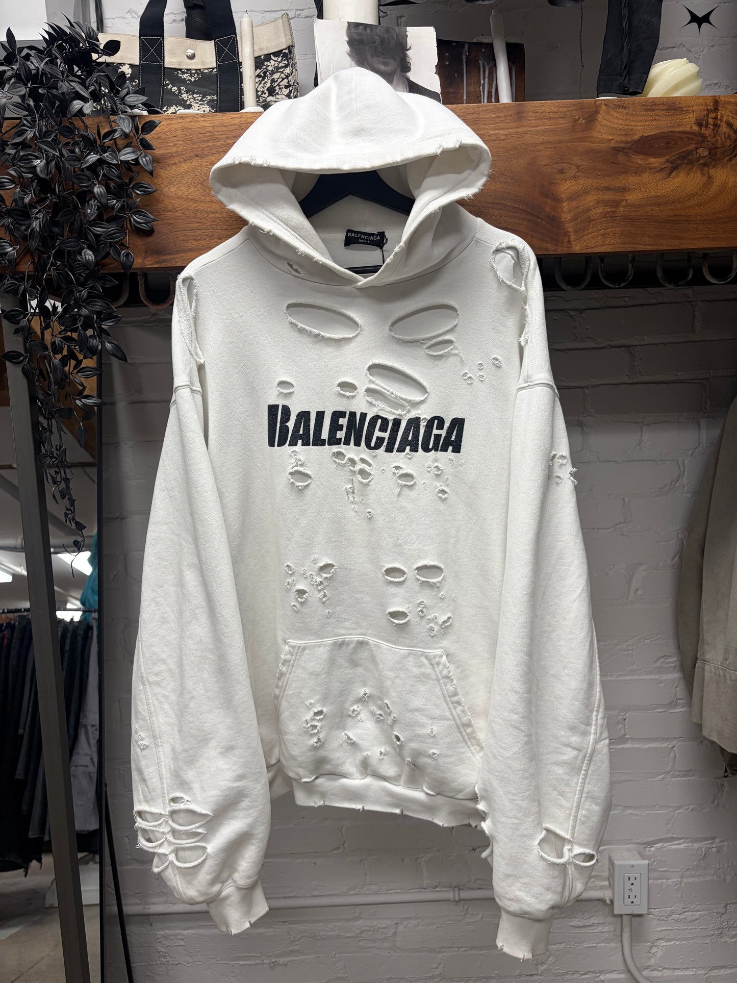 2021 Balenciaga ‘Caps’ Destroyed White/Black Logo Heavy Cotton Hoodie