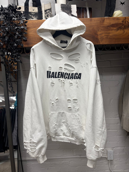 2021 Balenciaga ‘Caps’ Destroyed White/Black Logo Heavy Cotton Hoodie