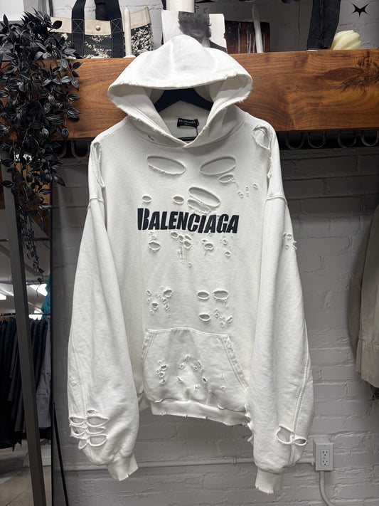 2021 Balenciaga ‘Caps’ Destroyed White/Black Logo Heavy Cotton Hoodie
