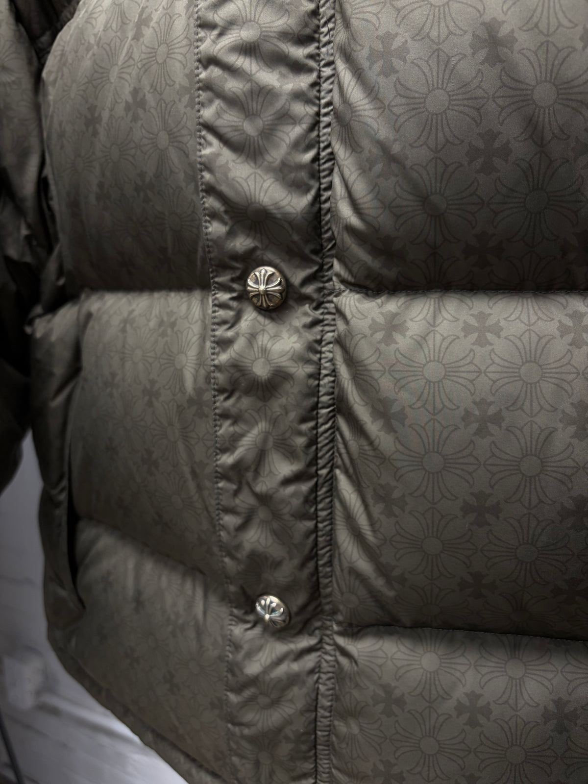 Chrome Hearts Dark Green ‘Plus Cross Monogram’ Down Filled Puffer Jacket with .925 Silver Hardware