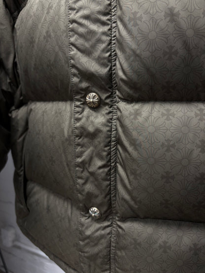 Chrome Hearts Dark Green ‘Plus Cross Monogram’ Down Filled Puffer Jacket with .925 Silver Hardware