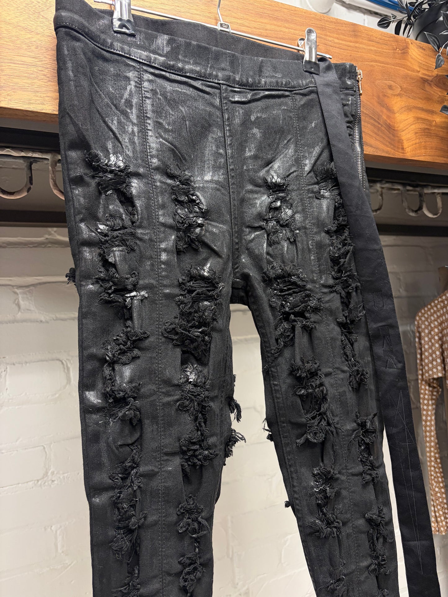 Rick Owens Slashed ‘Slit Front Legging’ Waxed Black Pants