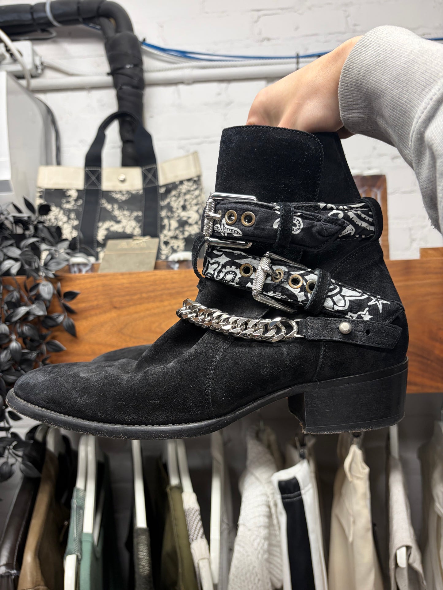 Amiri Bandanna ‘Chain Link’ Black Suede Western Boots