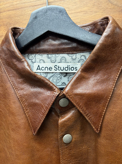 Acne Studios Brown Lambskin Leather Button Snap Shirt Jacket