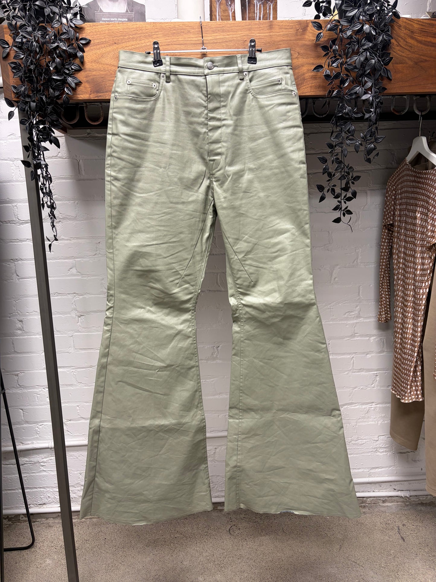 SS2025 Rick Owens ‘Hollywood’ Celadon Waxed Green ‘Bolans’ Flared Leg Pants