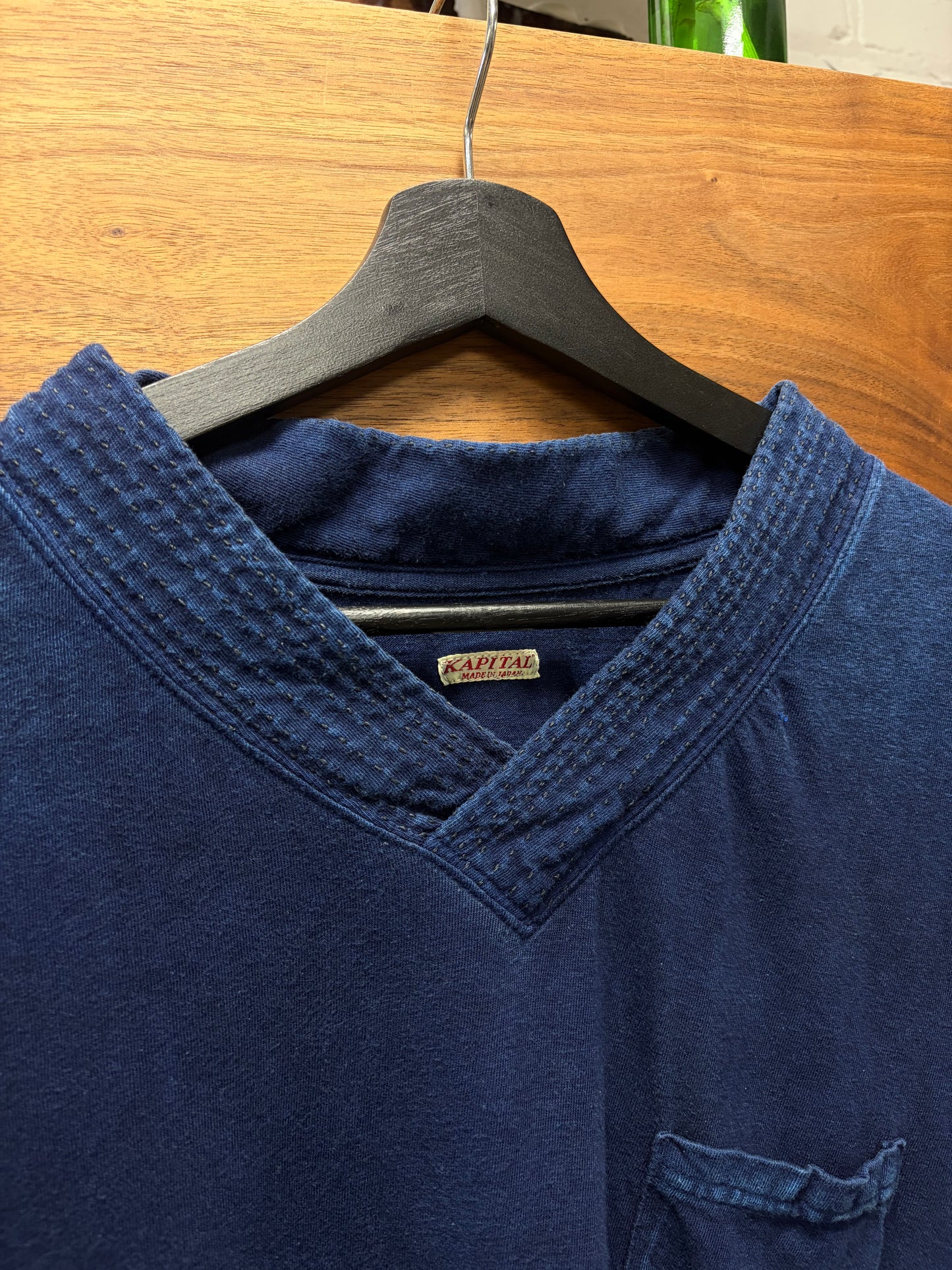 Kapital ‘Sashiko’ V-Neck Raw Indigo Blue Cotton T-Shirt