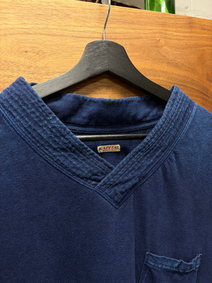 Kapital ‘Sashiko’ V-Neck Raw Indigo Blue Cotton T-Shirt