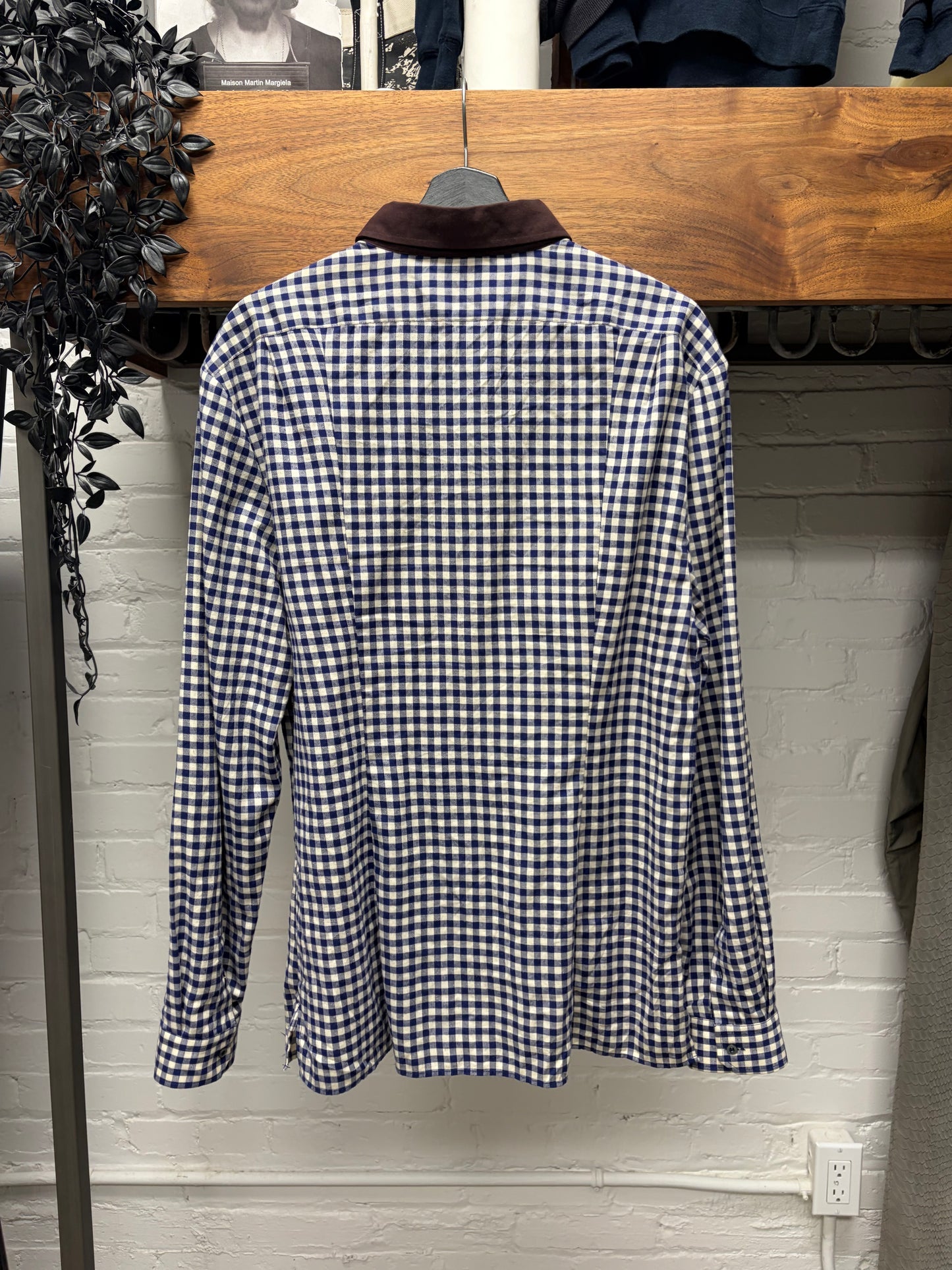 Gucci Gingham Plaid Shirt with Chocolate Brown Cotton Collar