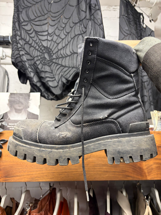 Balenciaga ‘Strike’ Distressed Black Canvas Combat Boots
