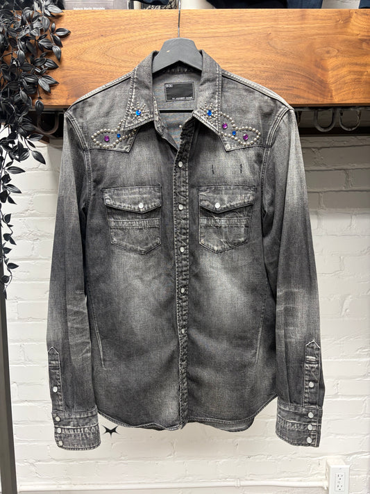 Number (N)ine Gemstone Studded Black Denim Button Snap Work Shirt
