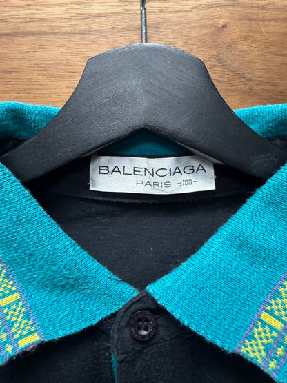 Balenciaga Embroidered Logo Black/Blue Long Sleeve Cotton Polo